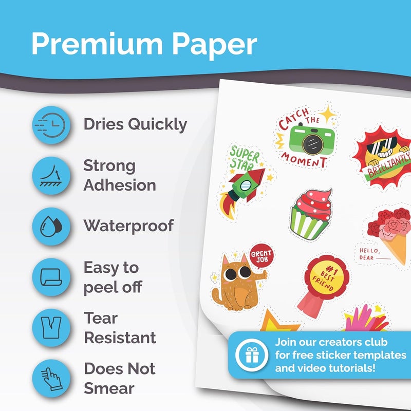 AgoDeo Premium Printable Vinyl Sticker Paper for Inkjet & Laser Printer - 32 Sheets Self-Adhesive Sheets Glossy White Waterproof, Dries Quickly Vivid Colors, Holds Ink well- Tear Resistant (Glossy) - Image 2